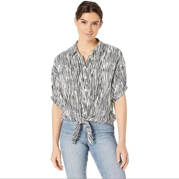 Three Dots Zebra Print Tie Front Button Down Blouse Black White High Low Hem L - Picture 1 of 15